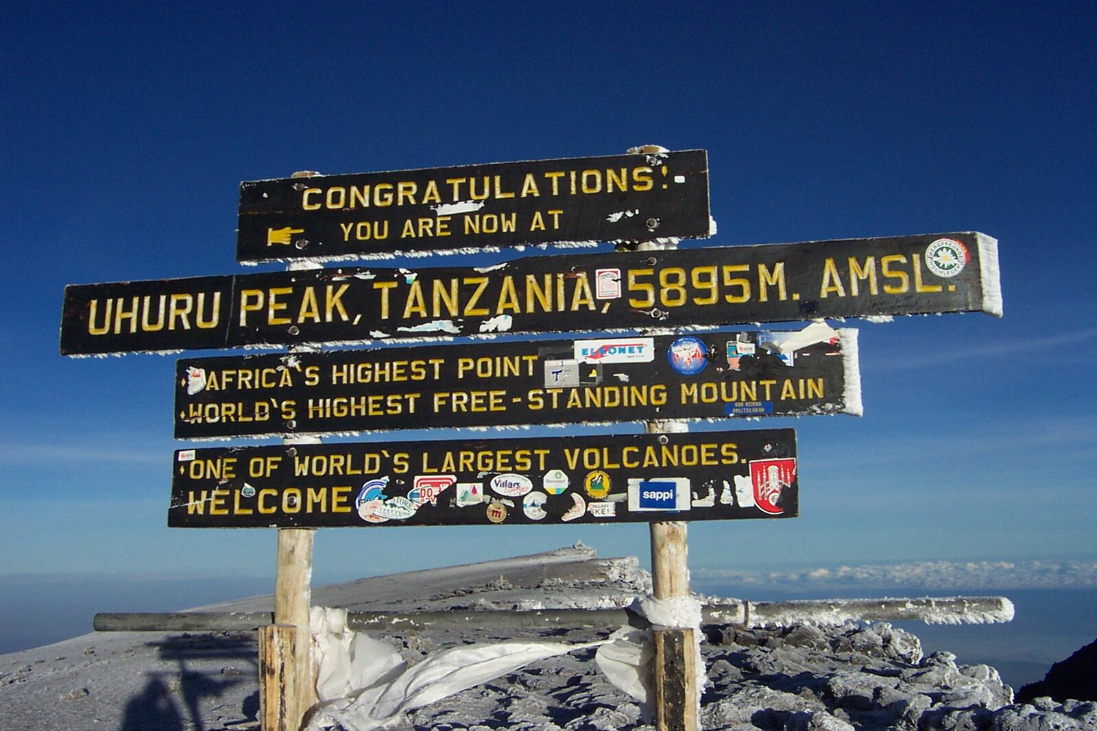 Summit sign at Uhuru Peak on Mount Kilimanjaro